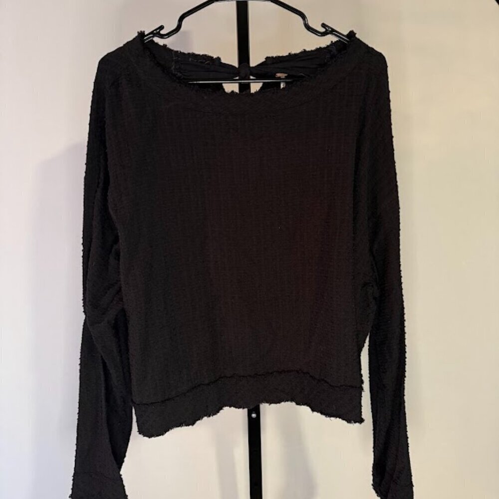 Free People Black Textured Long Sleeve Blouse